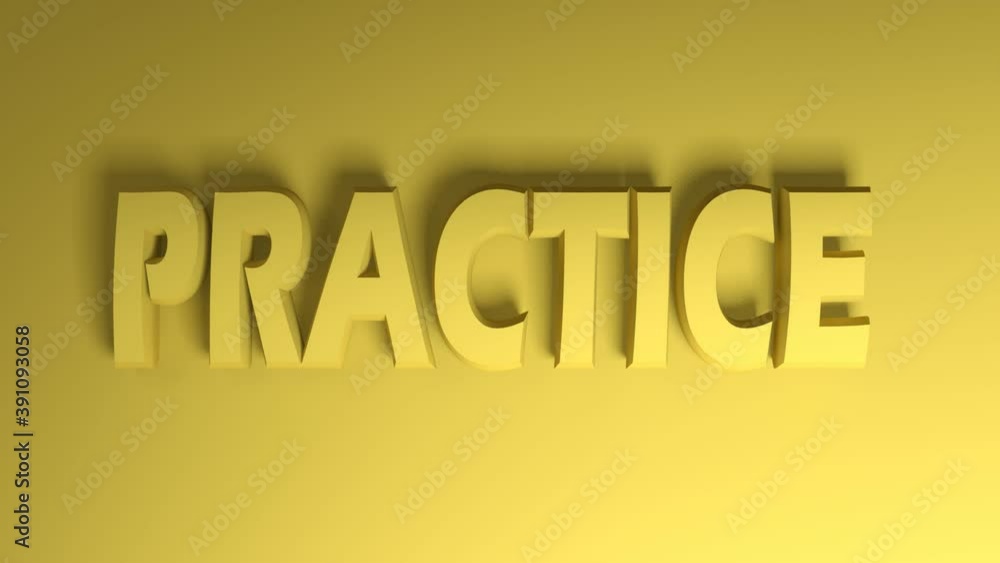 Aufkleber the write practice in yellow letters, passing on yellow background from right to left side - 3d rend