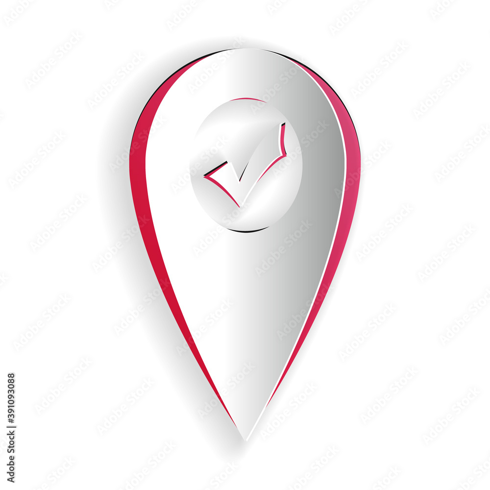 Poster paper cut map pointer with check mark icon isolated on white background. marker location sign. tick 