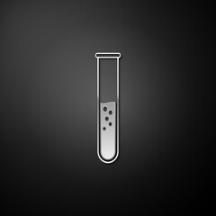 Silver Test tube and flask - chemical laboratory test icon isolated on black background. Long shadow style. Vector.