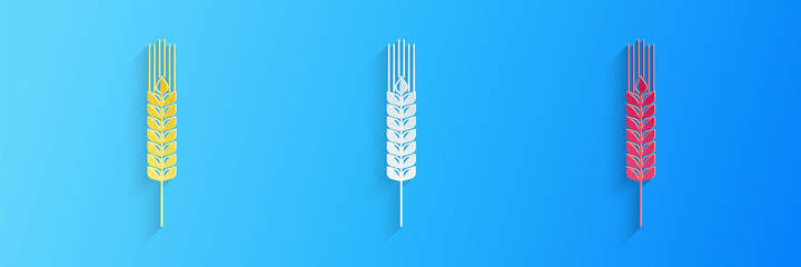Paper cut Cereals icon set with rice, wheat, corn, oats, rye, barley icon isolated on blue background. Ears of wheat bread symbols. Agriculture wheat. Paper art style. Vector.