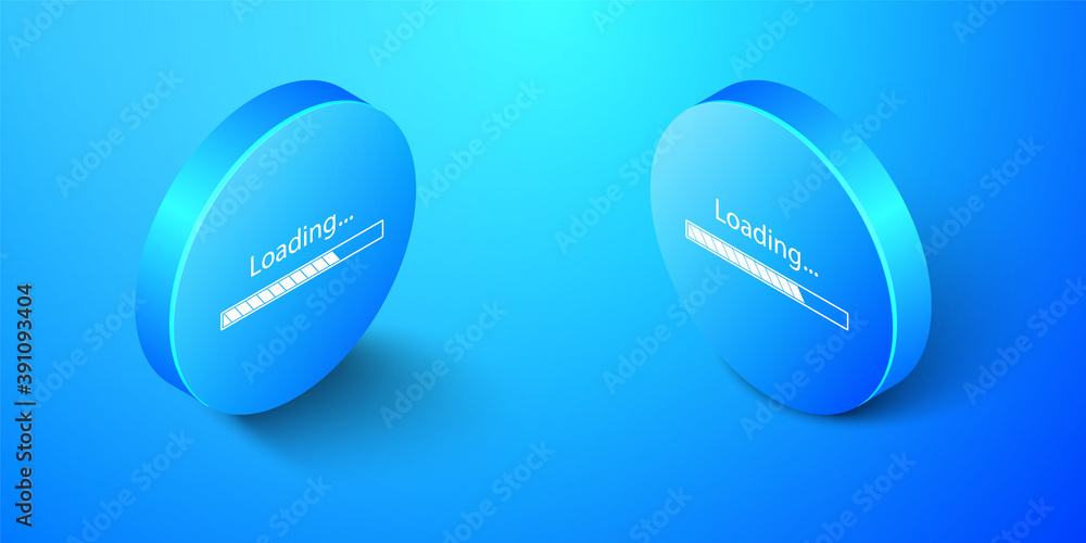 Poster isometric loading icon isolated on blue background. progress bar icon. blue circle button. vector.