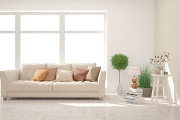White living room with sofa. Scandinavian interior design. 3D illustration