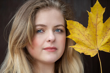 Close up is the face of a beautiful girl holding a yellow maple leaf. Blue-eyed blonde in autumn.