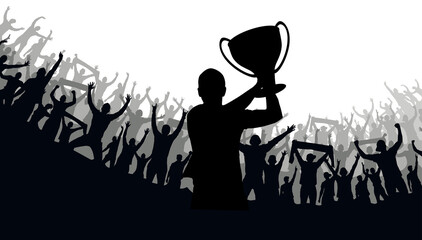 Football poster with the winning football team with the Cup in their hands and fans, vector illustration. Fans, a crowd of people.