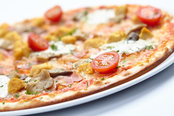 tasty pizza with cherry tomatoes
