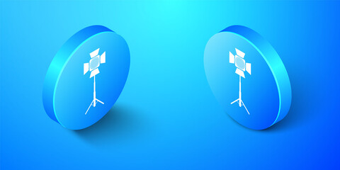 Isometric Movie spotlight icon isolated on blue background. Light Effect. Scene, Studio, Show. Blue circle button. Vector.