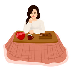 バレンタイン自分チョコ　チョコレートを食べて笑顔のコタツに入っている女性イラスト　ティータイム