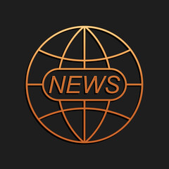 Gold World and global news concept icon isolated on black background. World globe symbol. News sign icon. Journalism theme, live news. Long shadow style. Vector.