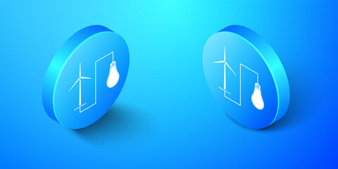 Isometric Wind mill turbine generating power energy and bulb icon isolated on blue background. Natural renewable energy production using wind mills. Blue circle button. Vector.