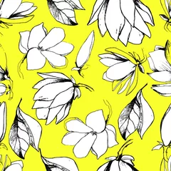 Gardinen Trendige Blumen Seamless background with flower magnolia. Large buds of white magnolia. Coloring book for children and adults with delicate beautiful spring flowers, buds. Background for textiles, wallpaper, paper.  © Катерина Ткаленко