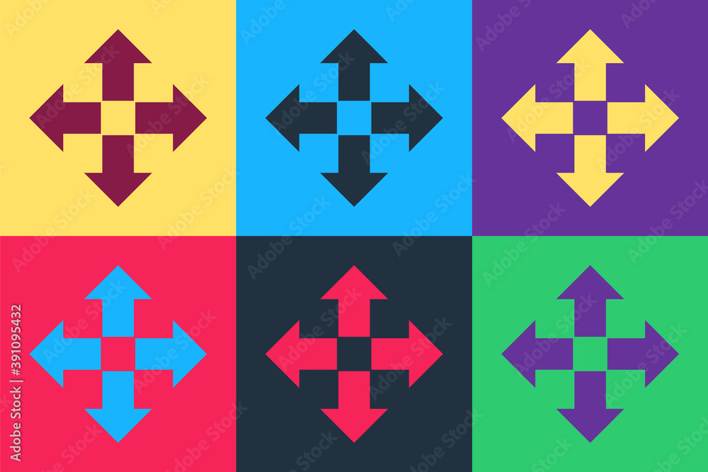 Poster pop art arrows in four directions icon isolated on color background. vector.