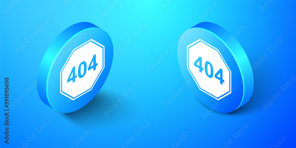 Poster isometric page with a 404 error icon isolated on blue background. template reports that the page is 
