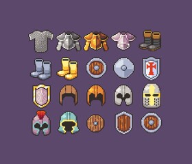 Pixel Art Armor Icons containing chest plate, helmet, boots, shields, chainmail.