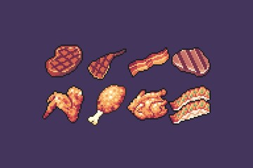 Pixel Art cooked meat containing pork, lamb, beef, bacon, chicken and salmon.