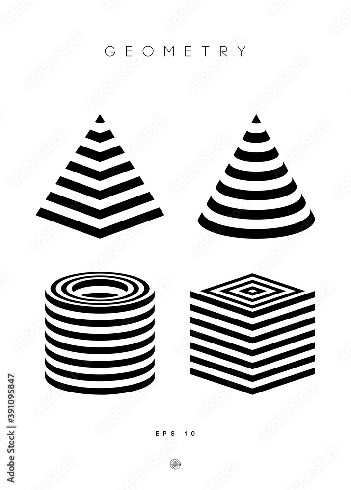 Poster optical illusion vector pyramid. cylinder stripes background. cube logo optical abstract black and w
