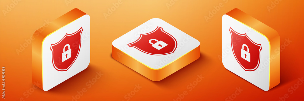 Poster isometric shield security with lock icon isolated on orange background. protection, safety, password