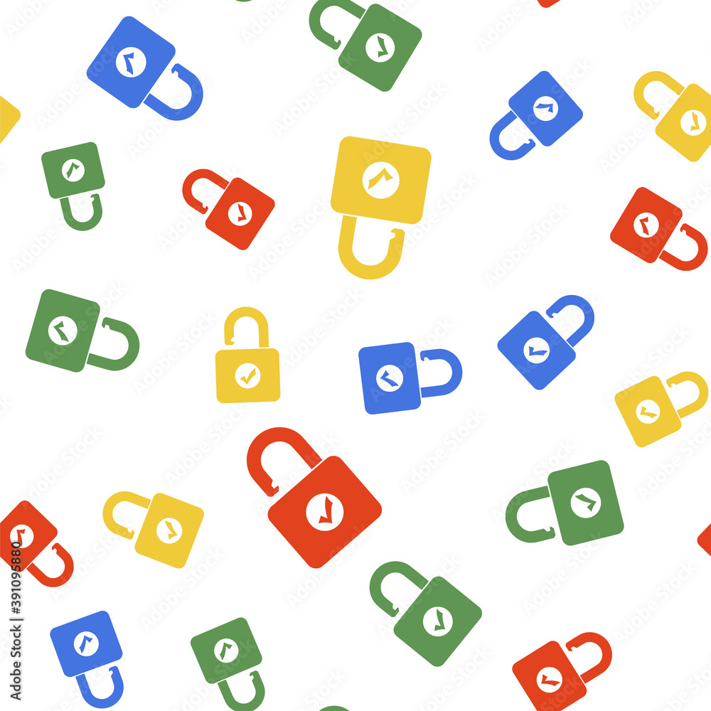 Poster color open padlock icon isolated seamless pattern on white background. opened lock sign. cyber secur
