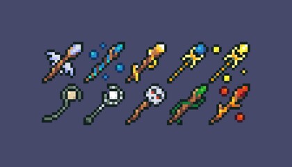 Pixel Art Magic Staff Icons containing elemental staffs and sticks for RPGs and similar projects