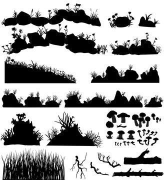 Big Set Of The Vector Stones And Rocks With Grass And Flowers. Mountain Tall And Short Plants, Grassy Hummocks, Stumps, Mushroom Hand Drawn Silhouettes.