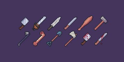 Pixel Art Melee Weapon Icons containing chainsaw, knife, bat, hammer, axe, shovel, pipe and similiar items.
