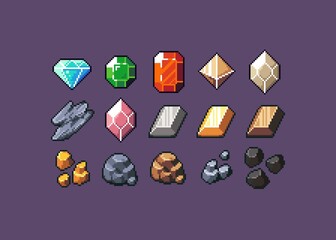 Pixel Art Minerals and Ores Icons containing diamond, crystal, ruby, emerald, iron, gold, coal, and similiars.
