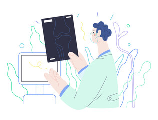 Medical tests illustration - x-ray test - modern flat vector concept digital illustration of x-ray image - a doctor looking at the radiograph , in the medical office or laboratory