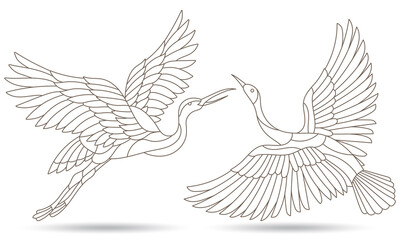 Set of contour illustrations of stained glass Windows with swans, dark outline birds isolated on a white background