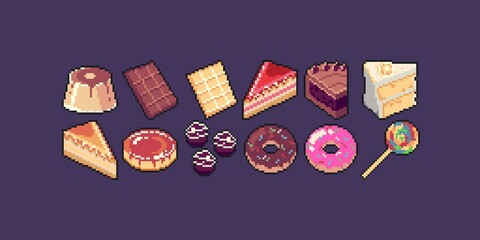 Pixel Art Sweets Icons created in 32x32 containing pudding, cake, chocolate, donuts, lollipop and others.