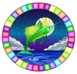 Obraz premium Illustration in stained glass style with a fish sailboat on the background of water ,cloud, night sky and moon, oval image in bright frame