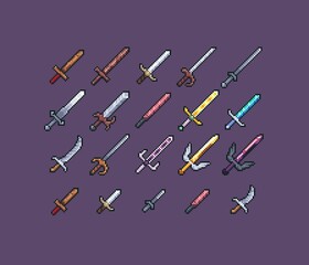 Pixel Art Sword Icons also containing knifes and daggers created in 32x32 resolution
