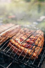 Smoke over juicy grilled pork ribs - fatty fried dish - harmful but tasty