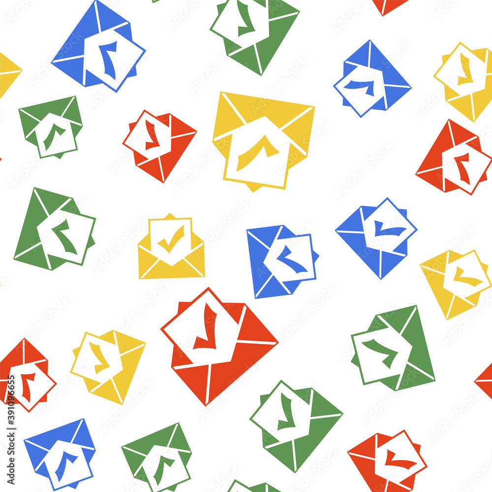 Poster color envelope with document and check mark icon isolated seamless pattern on white background. succ