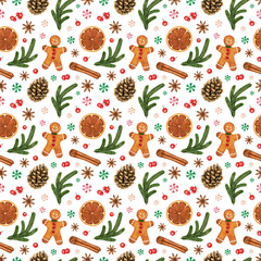 Christmas watercolor seamless pattern. Gingerbread, pine branch, cone, berries, mulled spices: dried orange slice, anise star, cinnamon stick. Hand drawn background for print, textile, wrapping paper