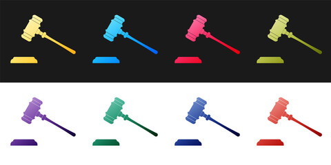 Set Judge gavel icon isolated on black and white background. Gavel for adjudication of sentences and bills, court, justice, with a stand. Auction hammer. Vector.