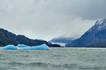 Light blue iceberg on lake Grey at Torres del Paine national park in southern Chile, Patagonia, south America with Grey glacier in the background