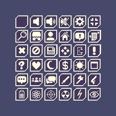 Pixel Art User Interface Icons created in 32x32 containing mute, configuration, shop, search, home, notification, block, question, radioactive, eye and a lot of others.