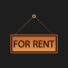 Gold Hanging sign with text For rent icon isolated on black background. Long shadow style. Vector.