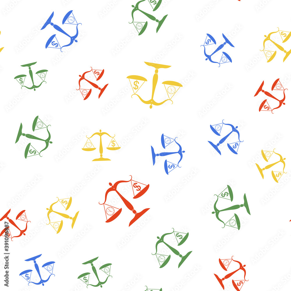 Poster color scale weighing money and time icon isolated seamless pattern on white background. scales with 
