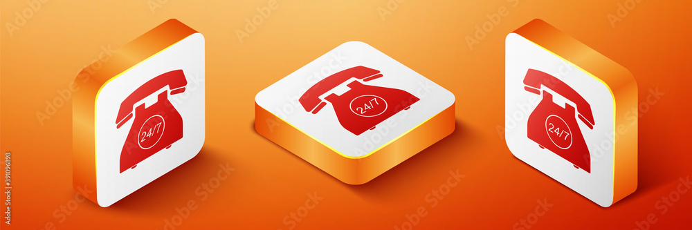 Poster isometric telephone 24 hours support icon isolated on orange background. all-day customer support ca
