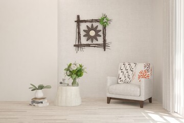 White living room with armchair. Scandinavian interior design. 3D illustration