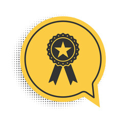 Black Award medal with star and ribbon icon isolated on white background. Winner achievement sign. Champion medal emblem. Success symbol. Yellow speech bubble symbol. Vector.