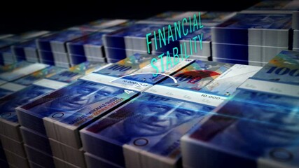 Swiss Francs banking, capital protection, financial stability, business, money printing and economy concept with CHF banknote packs loop. Seamless and loopable 3d animation. - Powered by Adobe