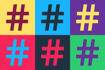 Fototapeta na wymiar Pop art Hashtag icon isolated on color background. Social media symbol. Modern UI website navigation. Vector.