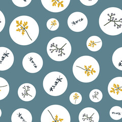 Blooming plants in circles seamless pattern. Hand-drawn plants and leaves of different shapes on a dusty blue background, vector illustration.