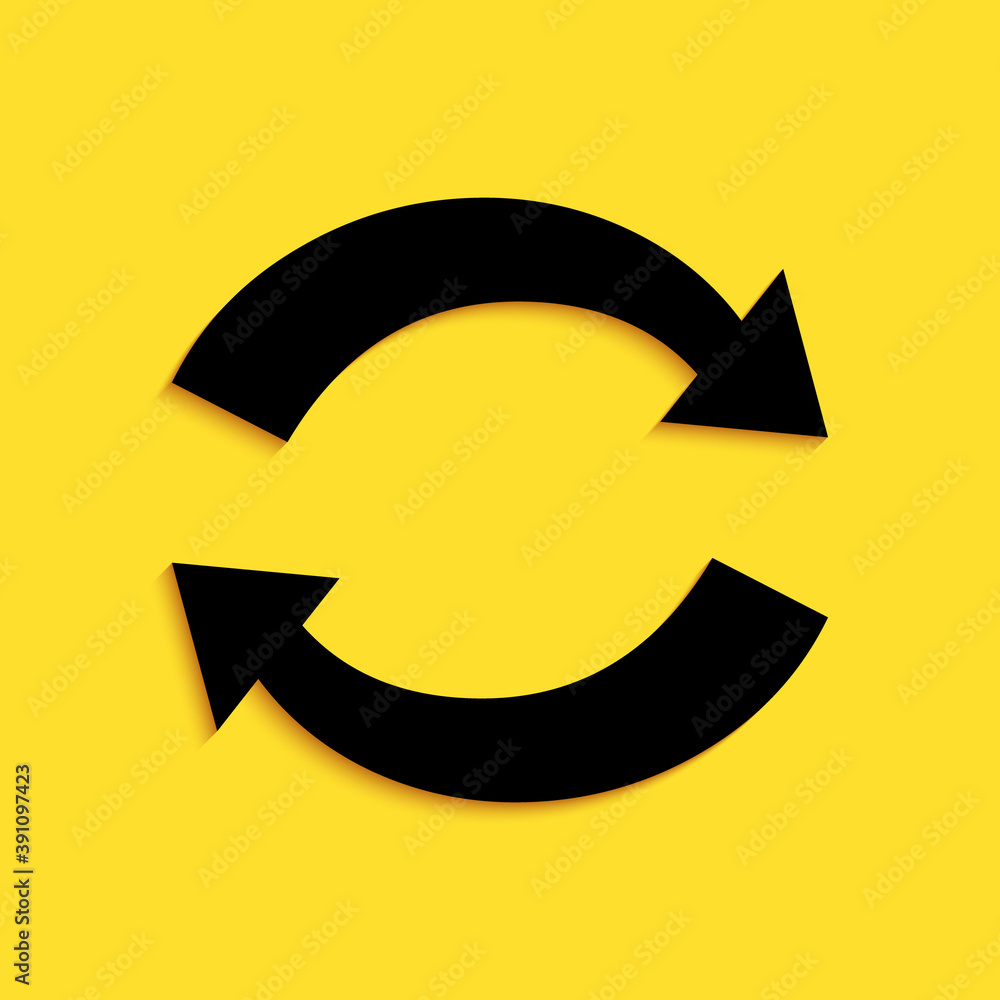 Poster black refresh icon isolated on yellow background. reload symbol. rotation arrows in a circle sign. l