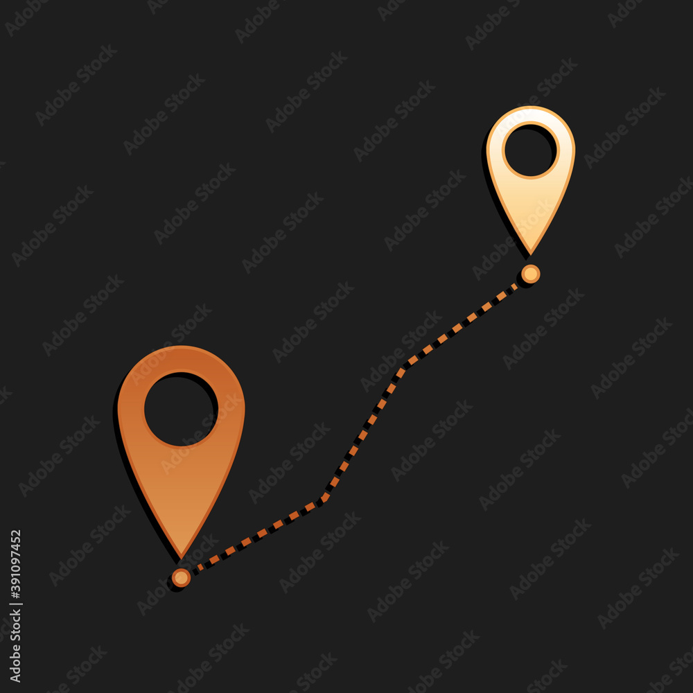Poster gold route location icon isolated on black background. map pointer sign. concept of path or road. gp