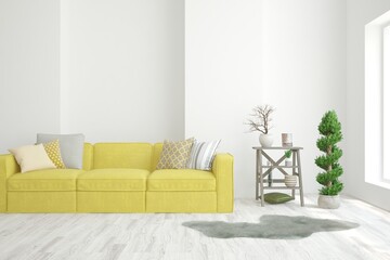 White living room with sofa. Scandinavian interior design. 3D illustration