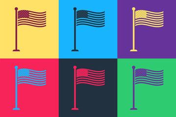Pop art National flag of USA on flagpole icon isolated on color background. American flag sign. Vector.
