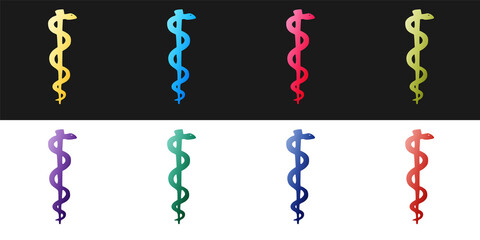 Set Rod of asclepius snake coiled up silhouette icon isolated on black and white background. Emblem for drugstore or medicine, pharmacy snake symbol. Vector.