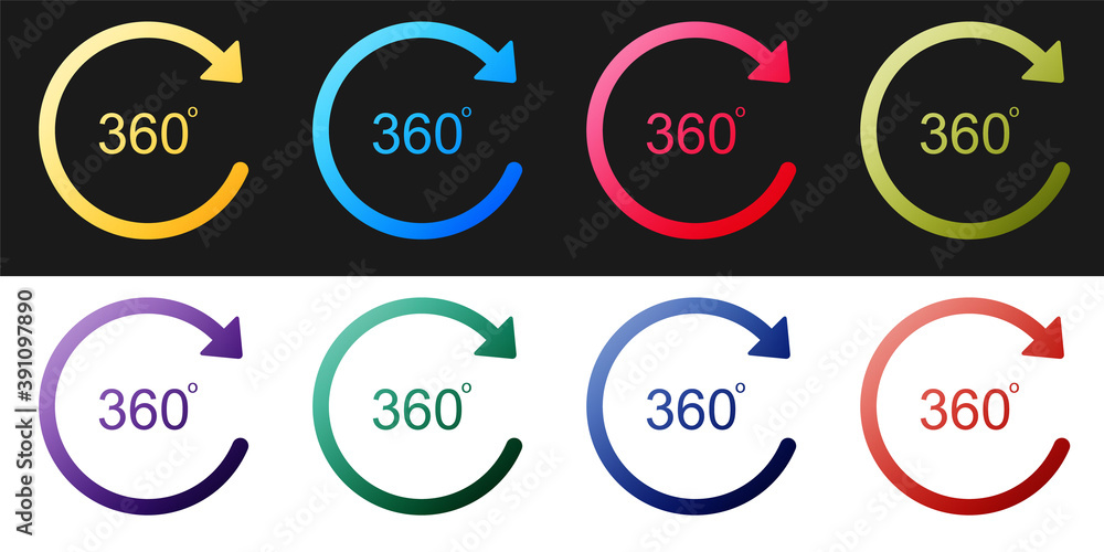 Poster set angle 360 degrees icon isolated on black and white background. rotation of 360 degrees. geometry